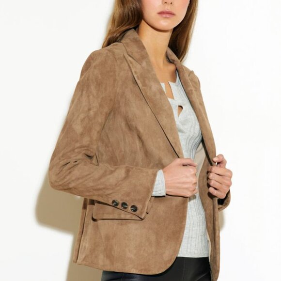 NWOT Susan Bender | US 8 | Suede Blazer Leather Jacket | Taupe Beige Tan - Picture 3 of 10
